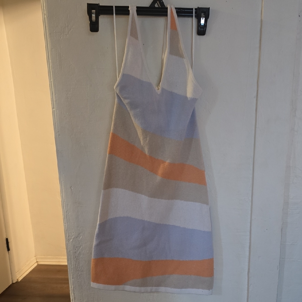Hollister Knit Halter Mini Dress Beachy Periwinkle Blue,cream,sunset Orange